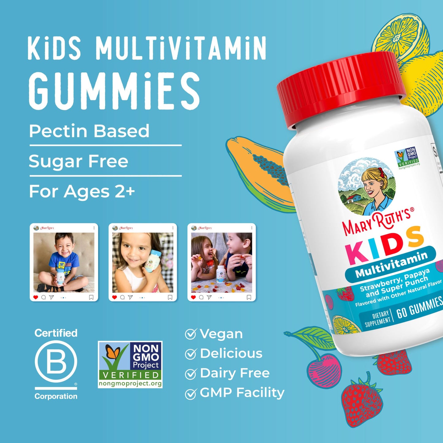 MaryRuth Organics Kids Multivitamin Gummies – 60 Count, Sugar Free, Vegan, Ages 2+, 1 Gummy/Day