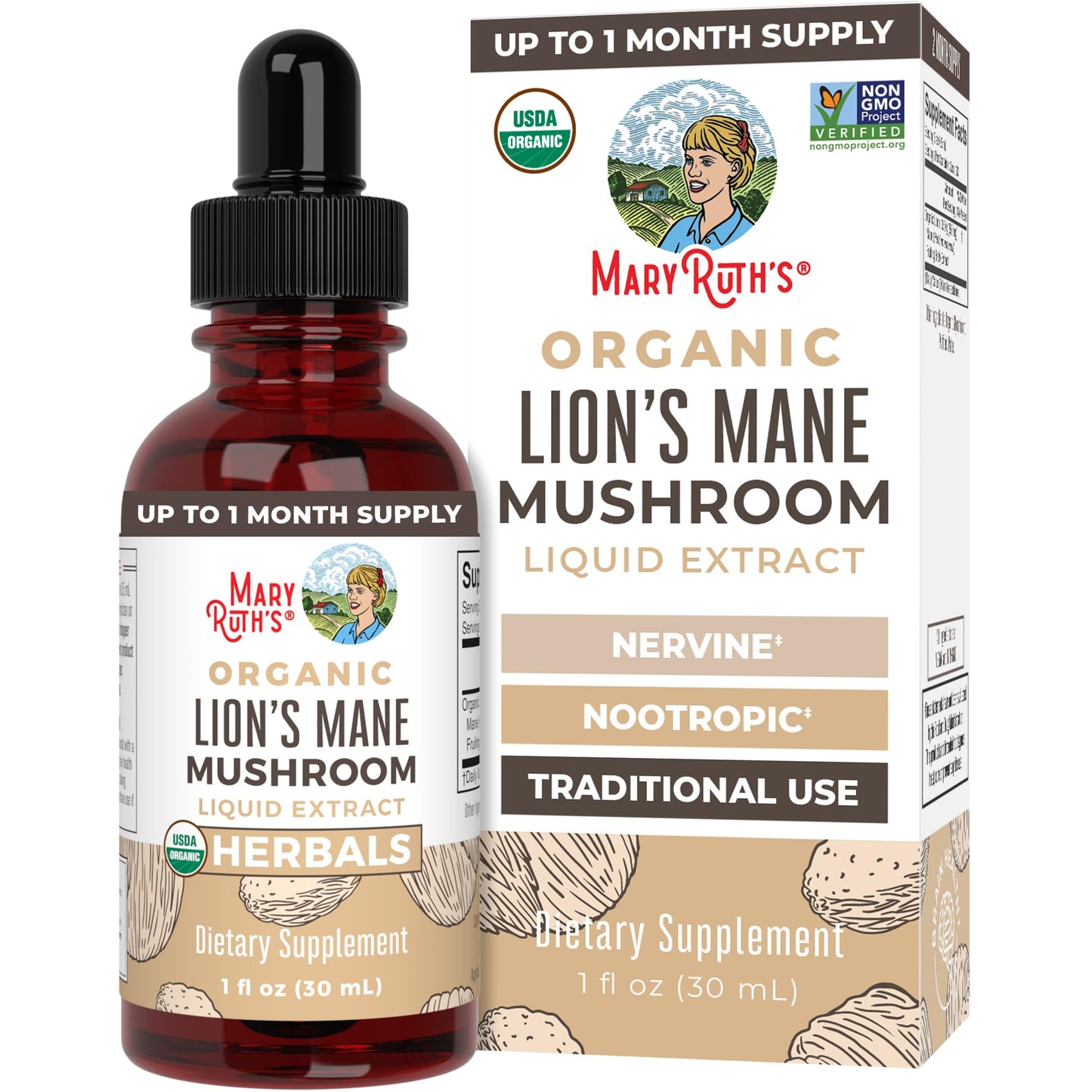 MaryRuth Organics Lions Mane Mushroom Supplement – USDA Organic, Nootropic, 1 Fl Oz