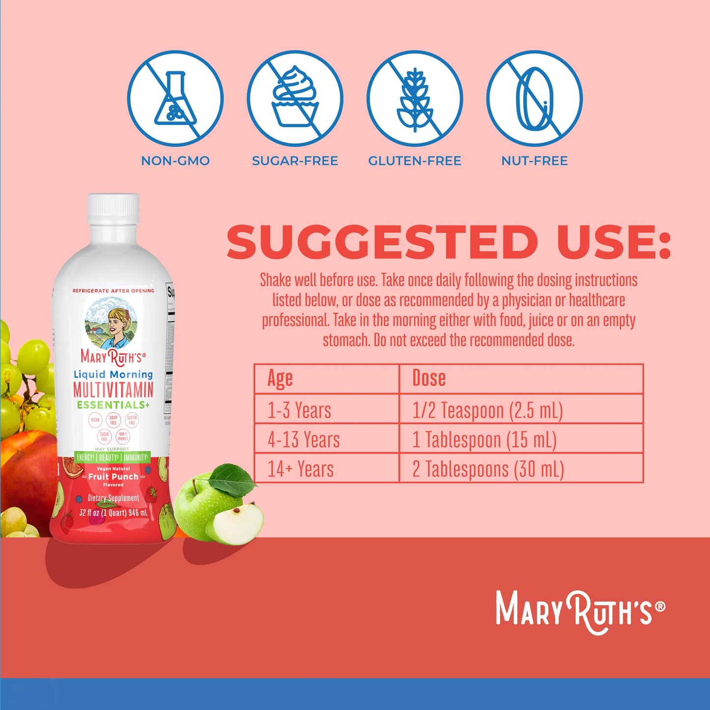 MaryRuth Organics Liquid Morning Multivitamin Essentials+ – Vegan, Sugar Free, 32 oz | Immune & Energy Support