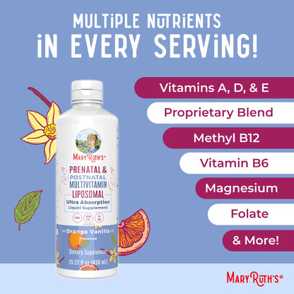 MaryRuth Organics Prenatal & Postnatal Liposomal Multivitamin for Women | Sugar Free | Vegan | Non-GMO | Gluten Free | 30 Servings | For Pre-Conception, Pregnancy & Nursing