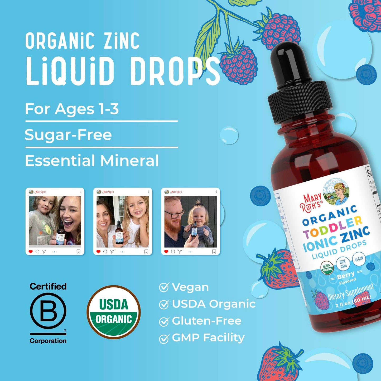 MaryRuth Organics Toddler Liquid Zinc Drops – USDA Organic, Immune Support, Berry Flavor, 1–3 Years, 2 fl oz
