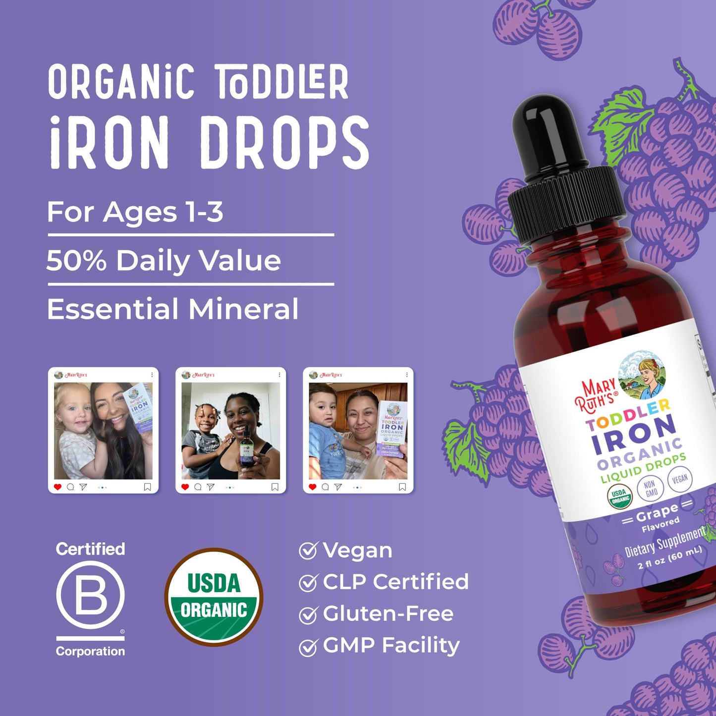 MaryRuth Organics Toddler Iron Drops | Liquid Iron for Ages 1-3 | Ferrochel | Sugar Free | Vegan | 2 oz