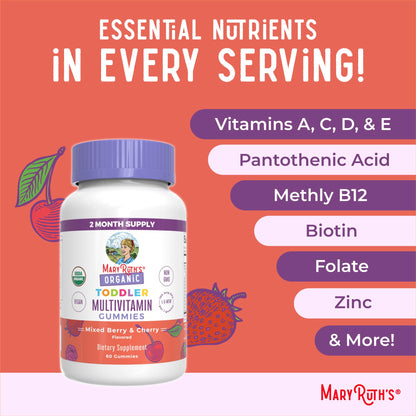 MaryRuth Organics Vitamin Gummy for Kids 2+ | USDA Organic Toddler Multivitamin with Vitamin C, D3 & Zinc (Berry & Cherry) | 2 Month Supply