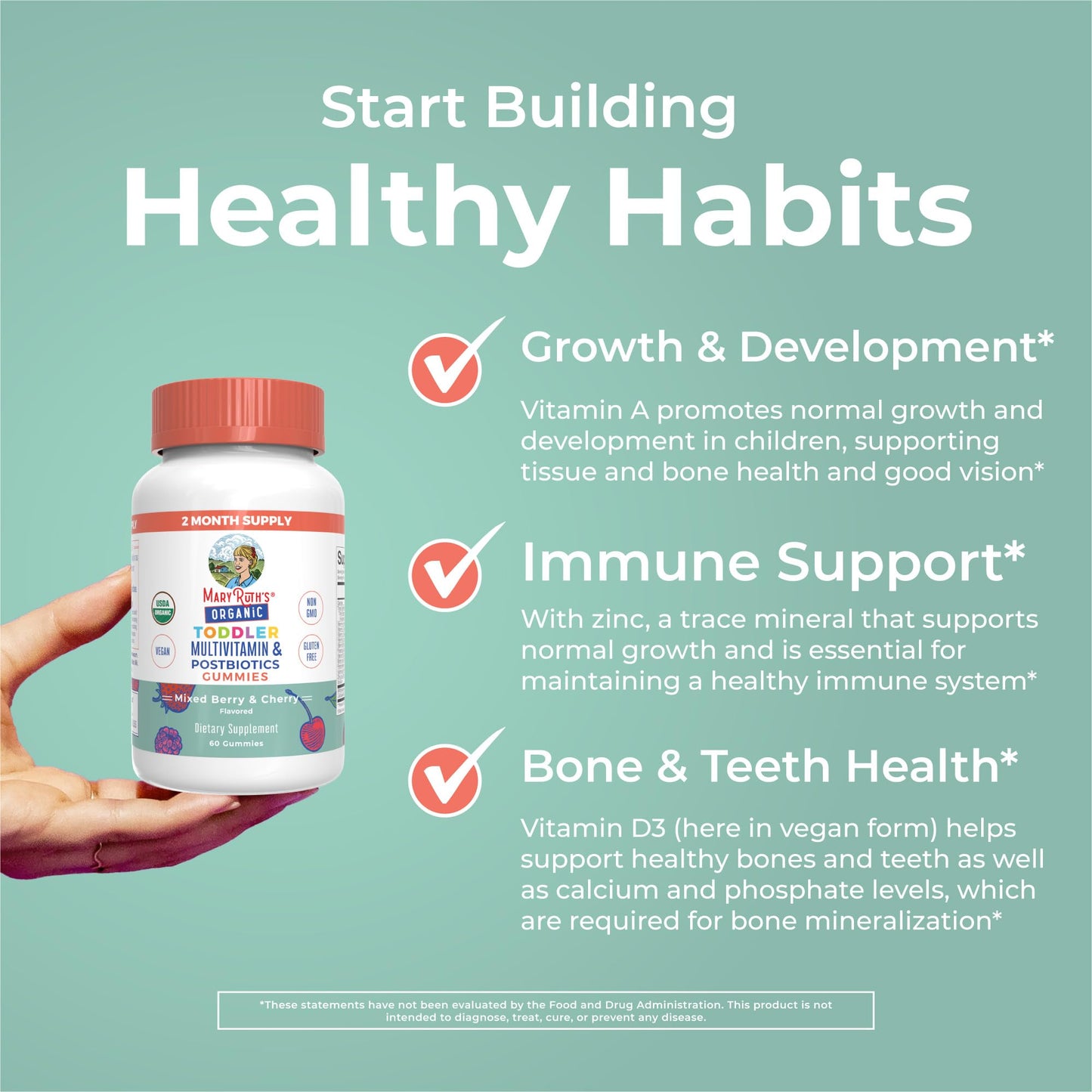 MaryRuth Organics Toddler Multivitamin Gummies + Postbiotics | USDA Organic | Vitamins for Kids Ages 2+ | Immune Support | Vitamin C | Vitamin D3 | Vitamin A | Zinc | Vegan | Non-GMO | 60 Servings