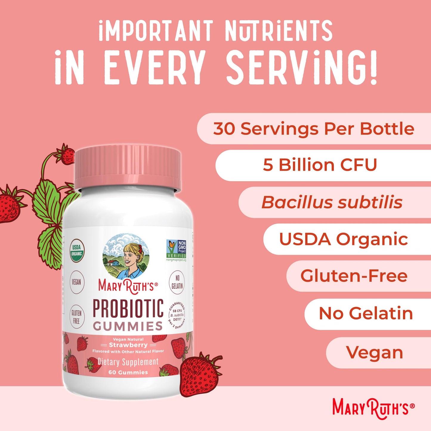 MaryRuth Organics USDA Organic Probiotic Gummies – 5 Billion CFU, 60 Count | Probiotics for Women & Men, Digestive Health & Gut Comfort
