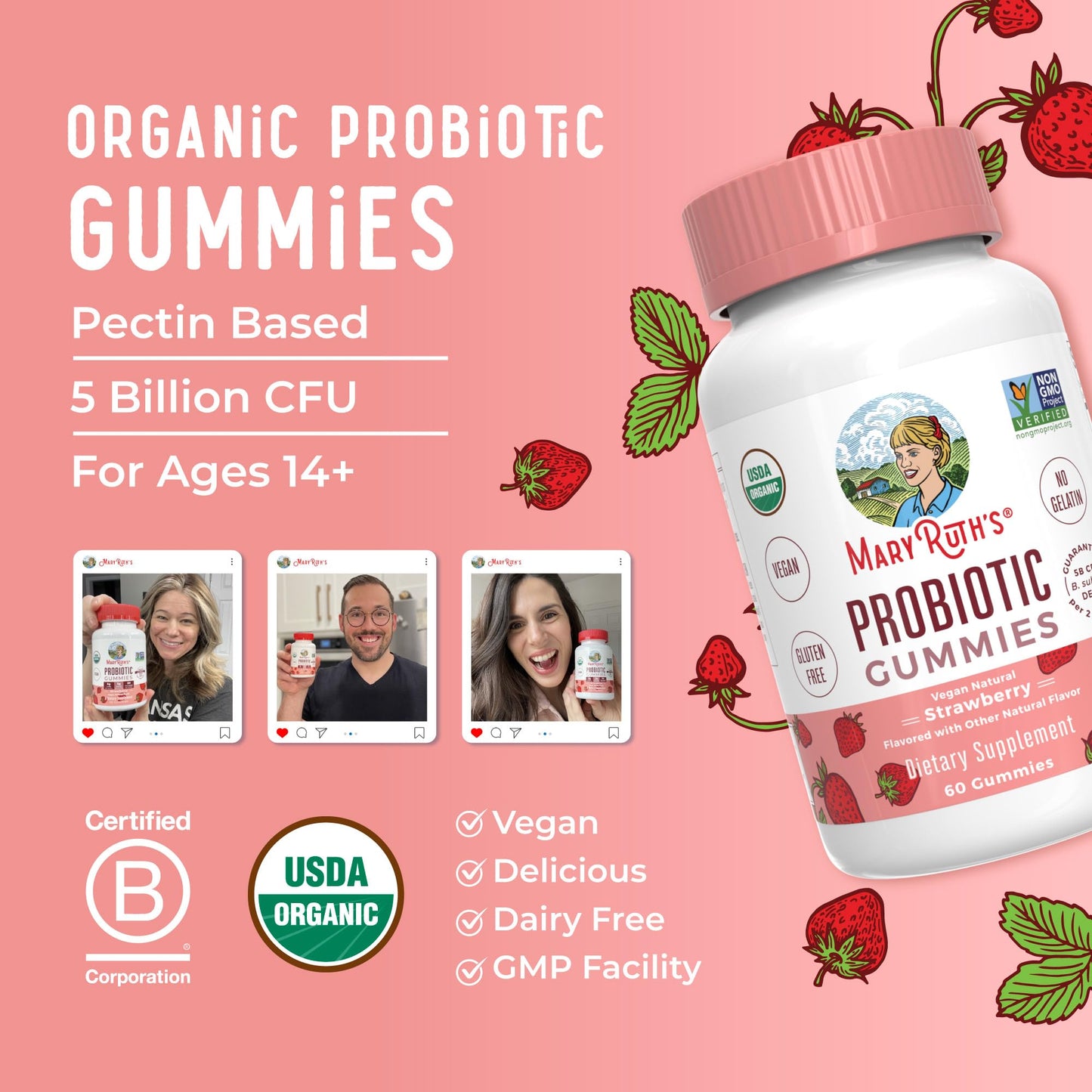 MaryRuth Organics USDA Organic Probiotic Gummies – 5 Billion CFU, 60 Count | Probiotics for Women & Men, Digestive Health & Gut Comfort