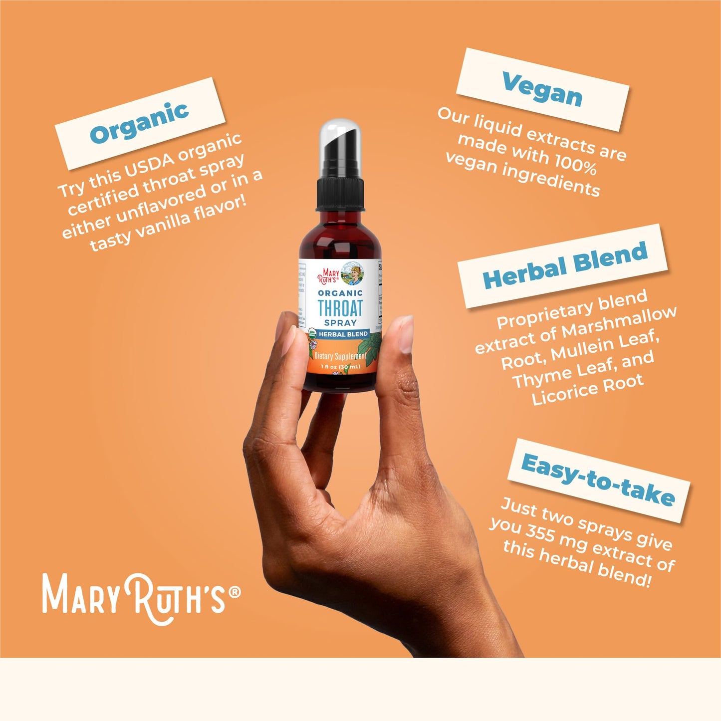 MaryRuth Organics Throat Spray – USDA Organic, 4-Herb Blend (Mullein, Marshmallow, Licorice, Thyme) | Vegan, Non-GMO, Gluten Free | 1 fl oz