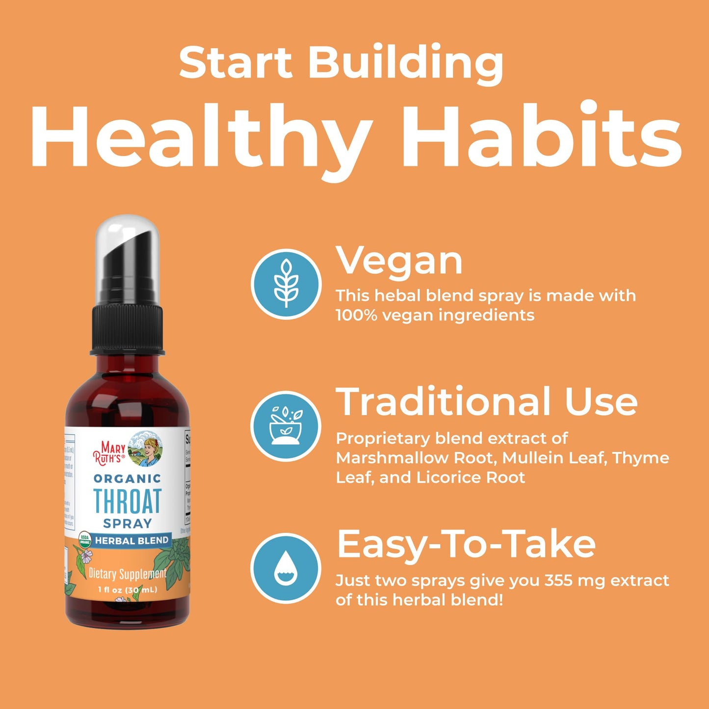 MaryRuth Organics Throat Spray – USDA Organic, 4-Herb Blend (Mullein, Marshmallow, Licorice, Thyme) | Vegan, Non-GMO, Gluten Free | 1 fl oz