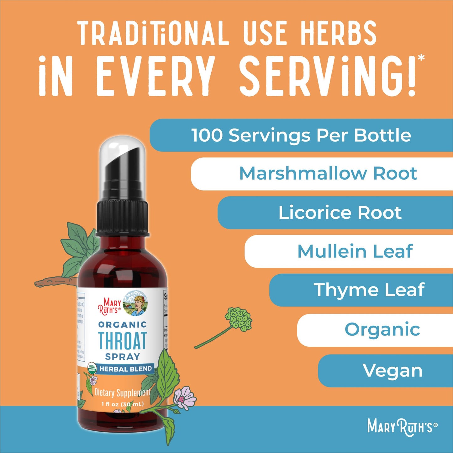 MaryRuth Organics Throat Spray – USDA Organic, 4-Herb Blend (Mullein, Marshmallow, Licorice, Thyme) | Vegan, Non-GMO, Gluten Free | 1 fl oz