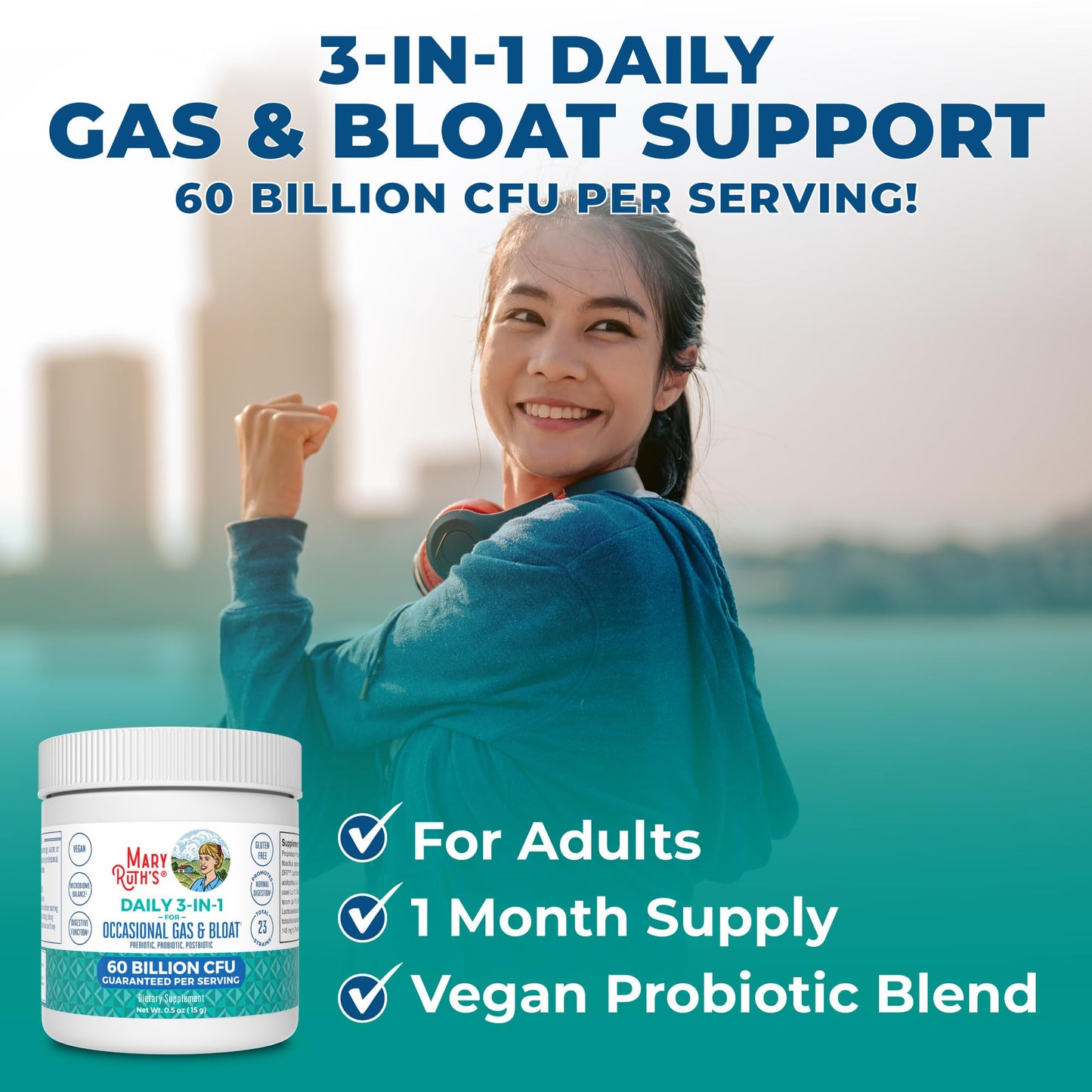 MaryRuth’s 3-in-1 Gas & Bloat Probiotic Powder | 60B CFU, 23 Strains