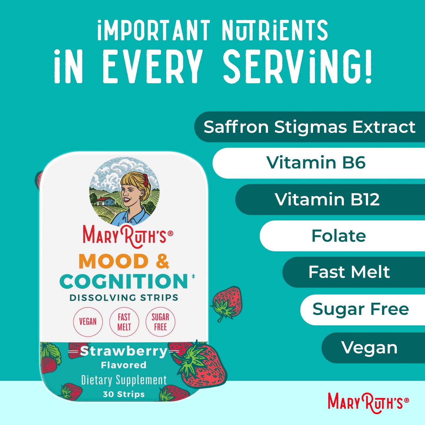 Mood & Cognition Dissolving Strips by MaryRuth's – B Vitamins, Saffron, Strawberry