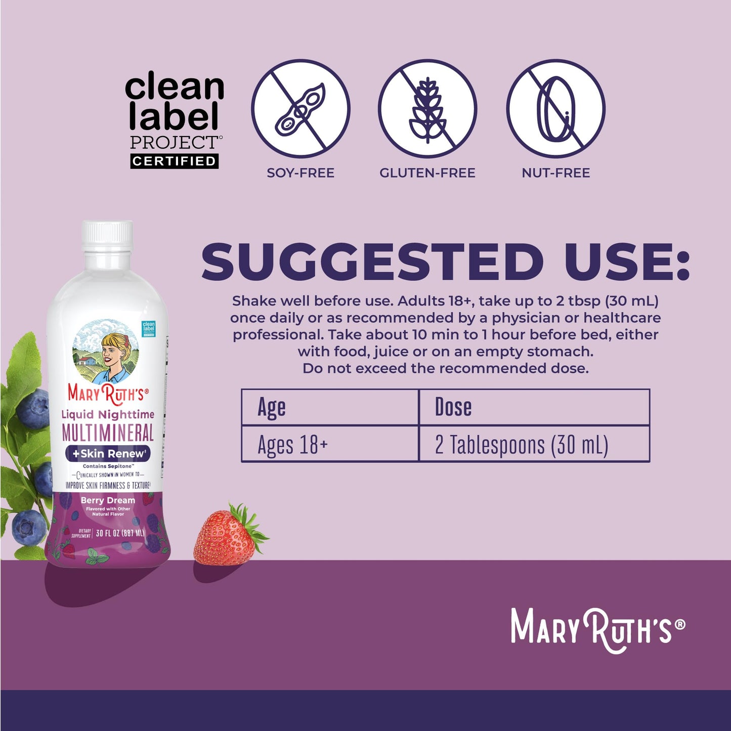 MaryRuth's Liquid Nighttime Multimineral + Skin Renew | Melatonin-Free, Sepitone Support | Vegan, 30 Servings