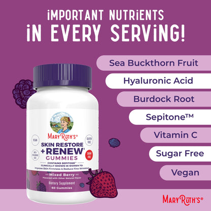 MaryRuth's Skin Restore + Renew Gummies with Hyaluronic Acid – Hydration, Elasticity & Skin Support | Vegan, Non-GMO | 60 Gummies