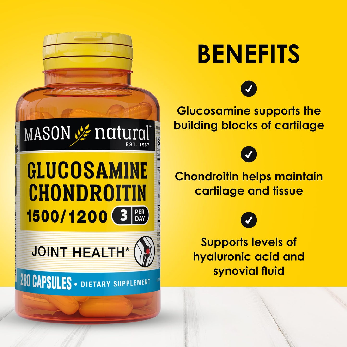 MASON NATURAL Glucosamine Chondroitin 1500/1200 with Vitamin C – 280 Capsules (3 Month Supply)