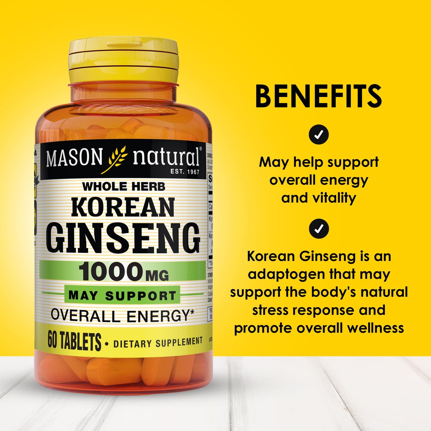 Mason Natural Korean Ginseng 1,000 mg – Energy, Endurance & Vitality (60 Tablets)