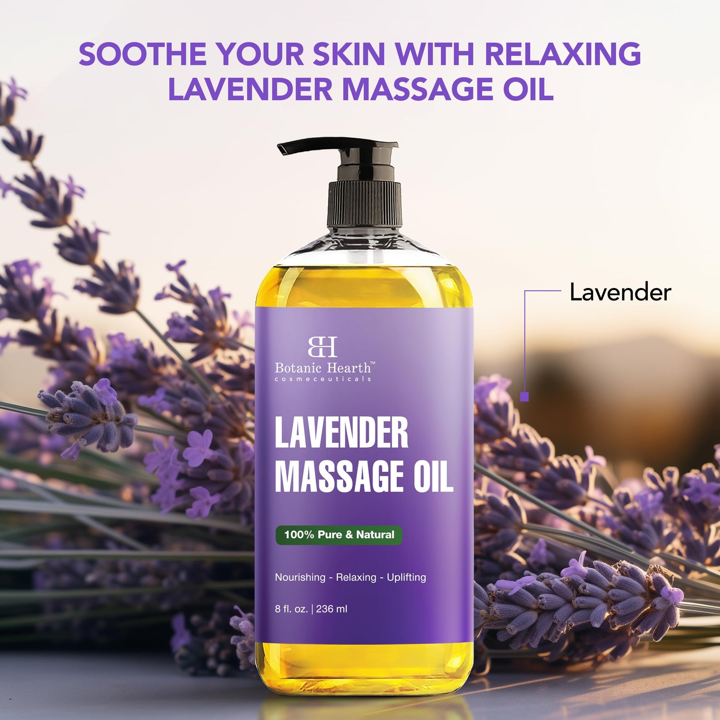 Lavender Massage Oil with Pure Lavender – Botanic Hearth (8 oz) Unscented, Quick Absorption