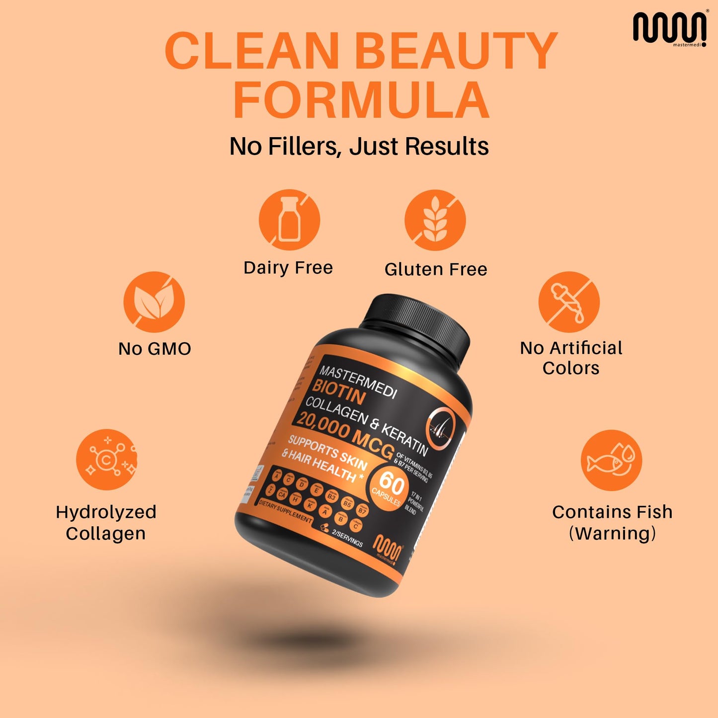 Mastermedi Biotin 20,000mcg with Collagen & Hyaluronic Acid – Hair, Skin & Nails (60 Capsules, 2-Month Supply)