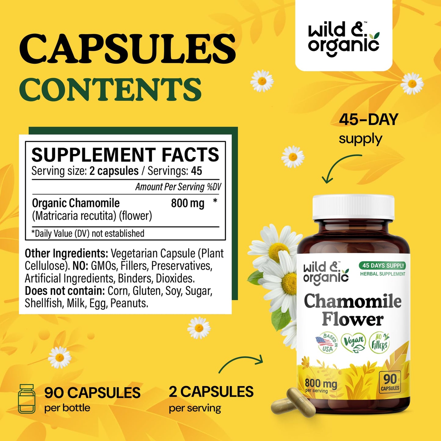 Wild & Organic Chamomile Capsules 800 mg – Relaxation & Digestive Support (90 Count)