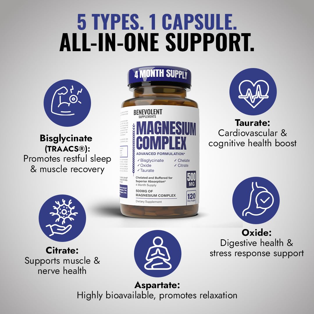 Magnesium Complex Supplement – 4 Month Supply (120 Capsules, 500mg) 5-in-1 Max Absorption for Calm, Sleep & Leg Cramps