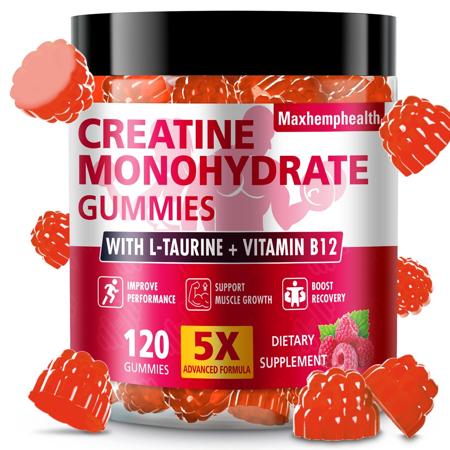 Maxhemphealth Creatine Monohydrate Gummies – Pre-Workout, Raspberry, 120 Count