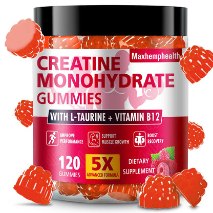 Maxhemphealth Creatine Monohydrate Gummies – Pre-Workout, Raspberry, 120 Count