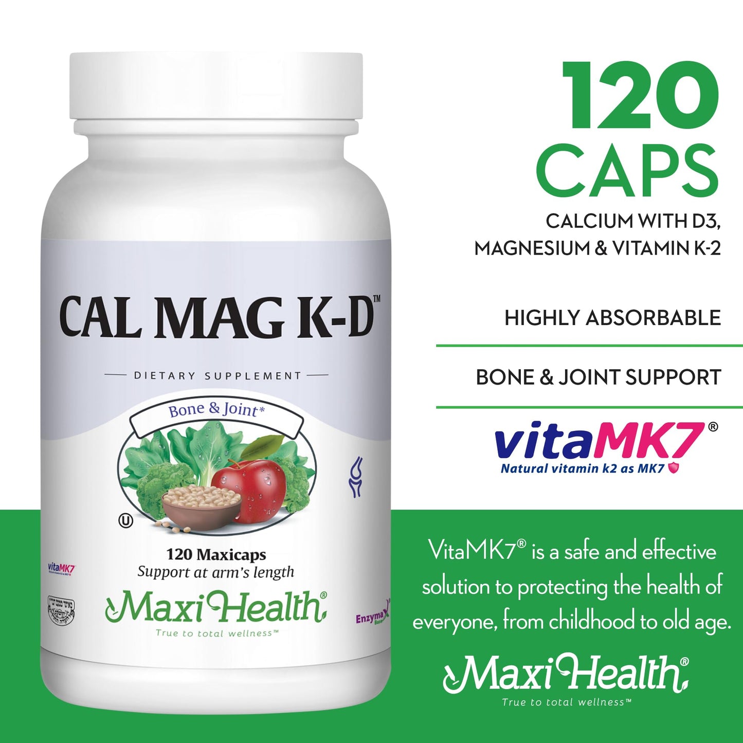 Maxi Health Calcium Magnesium Vitamin D3 K2 - Bone & Joint Support (120 Caps)