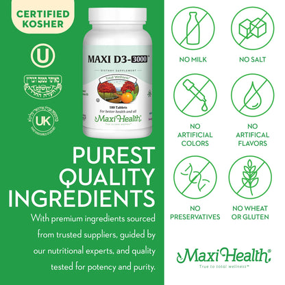 Maxi Health Vitamin D3 3000 IU (75 mcg) – 180 Tablets | Kosher, Non-GMO