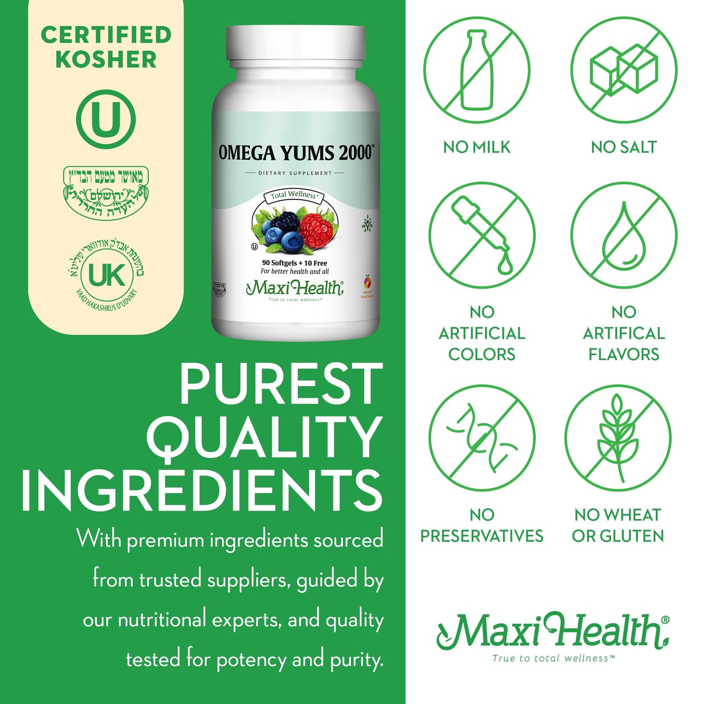 Maxi Health Fish Oil 2000mg – Omega-3 EPA/DHA Supplement for Adults & Kids | Fruity Burst | Kosher | 100 Softgels