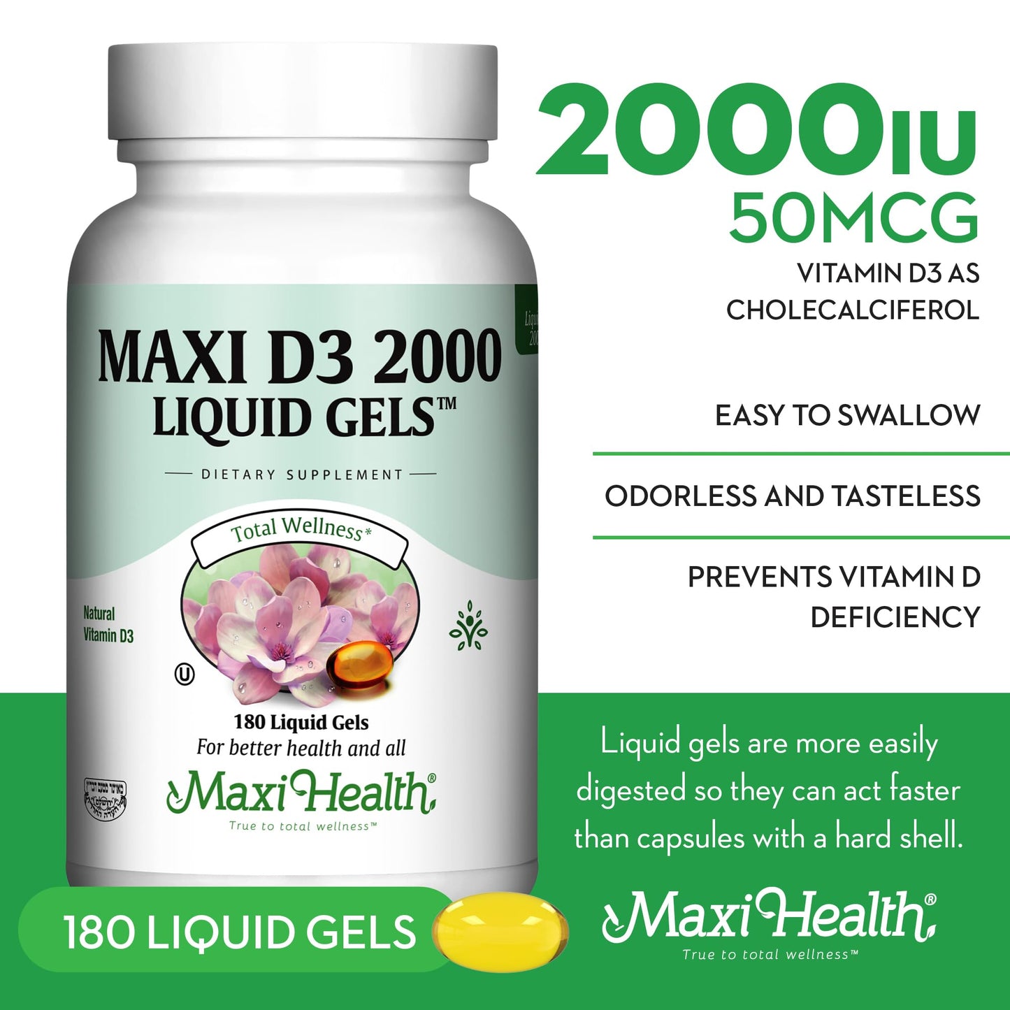 Maxi Health Kosher Vitamin D3 2000IU - 180 Liquid Gel | Immune Support & Bone Health