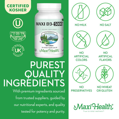 Maxi Health Vitamin D3 5000 IU – High Potency D3 (180 Tablets)