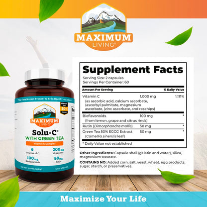 Maximum Living Solu-C with Green Tea - 120 Capsules | Vitamin C & Bioflavonoids