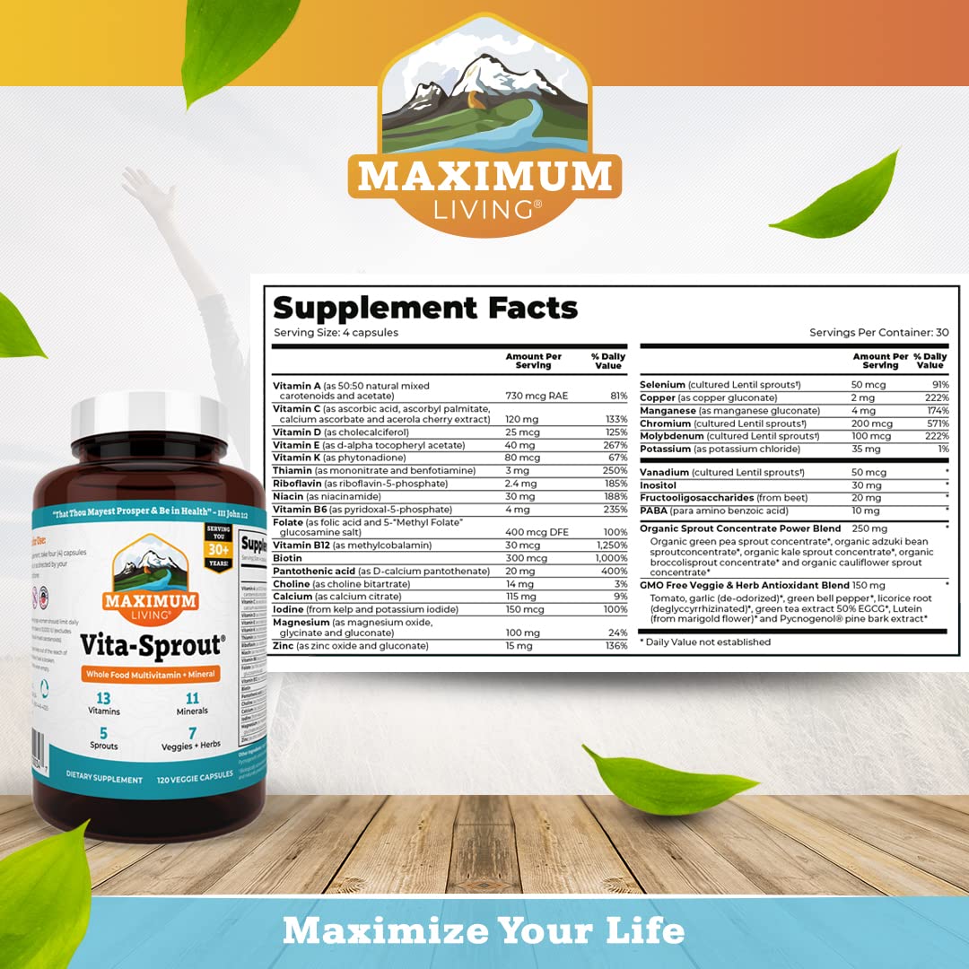 Maximum Living Vita-Sprout Whole-Food Multivitamin & Phytonutrient Blend - 120 Capsules