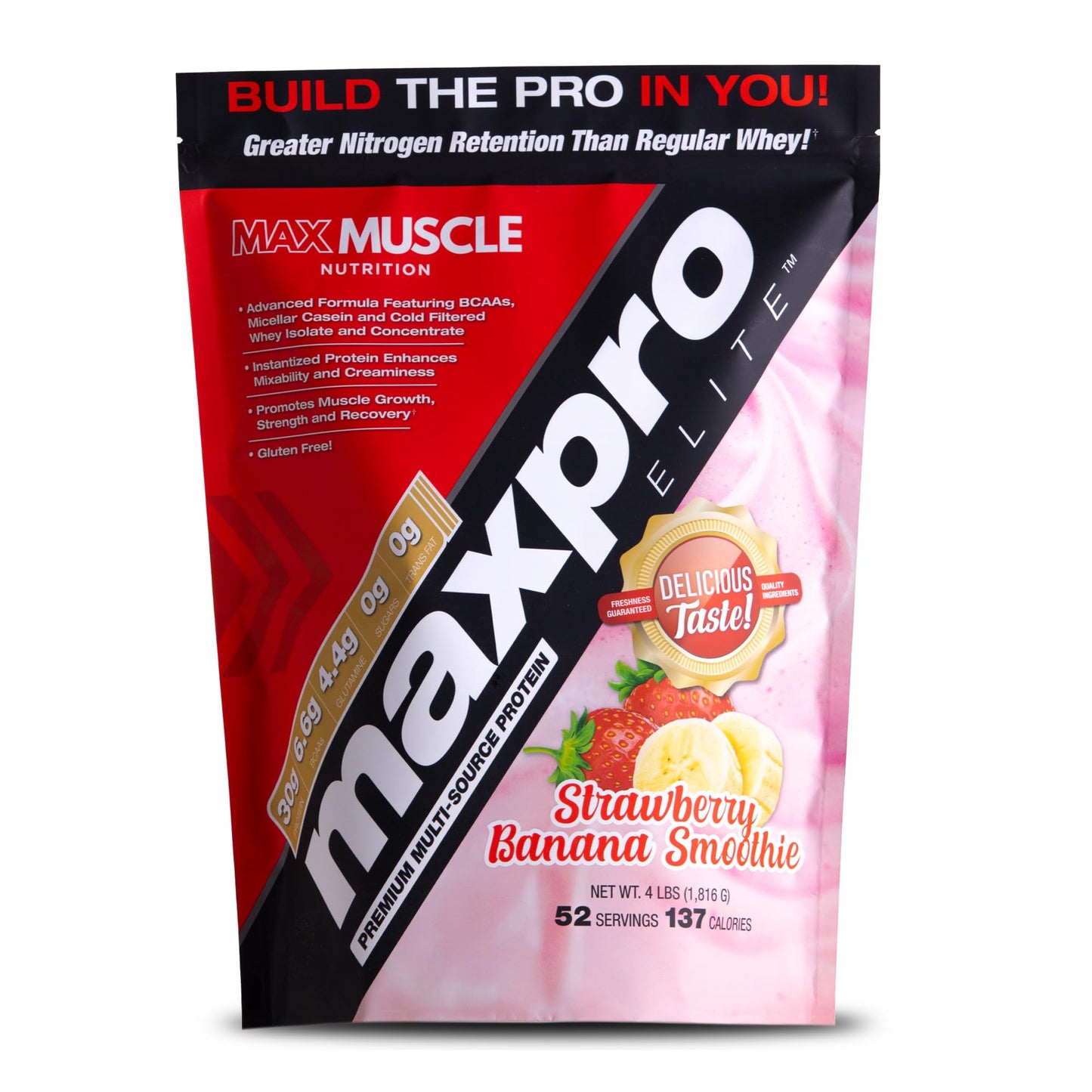 Max Muscle MaxPro Elite Whey Protein Powder – 30g Protein, 0g Sugar, 6.6g BCAAs, Strawberry Banana (4lb)