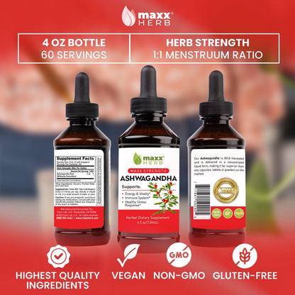 Maxx Herb Ashwagandha Extract – Max Strength Liquid Tincture, 4 oz (60 Servings)