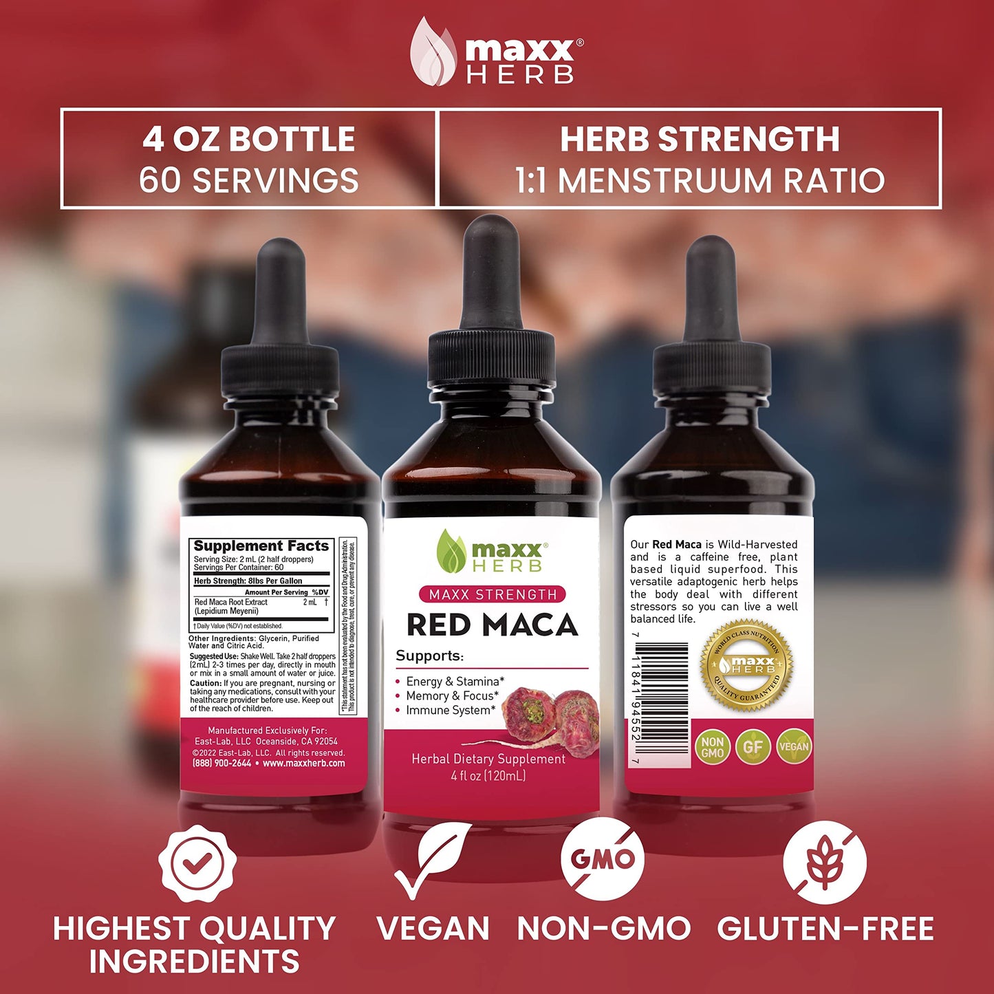 Maxx Herb Red Maca Root Extract | Max Strength Liquid Drops 4oz