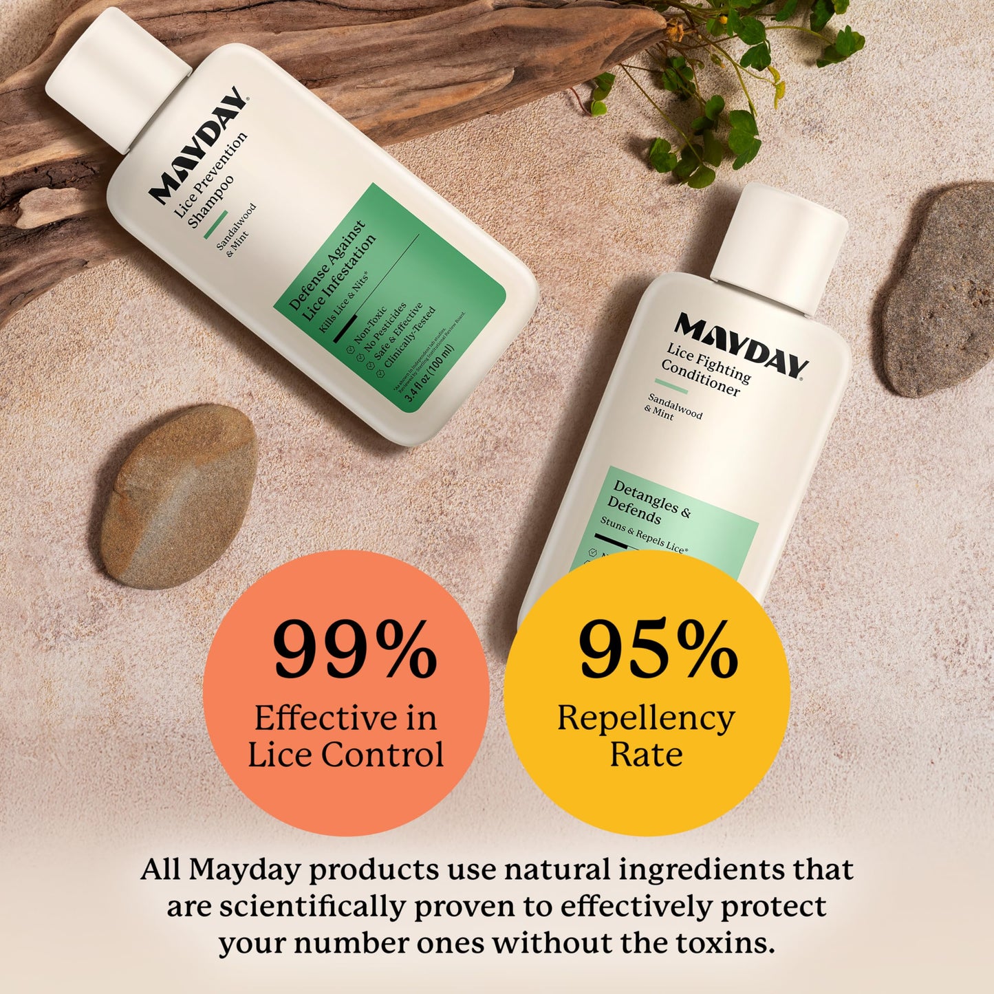 MAYDAY 3.4oz Lice Prevention Shampoo & Conditioner Bundle — Sandalwood & Mint, Non-Toxic
