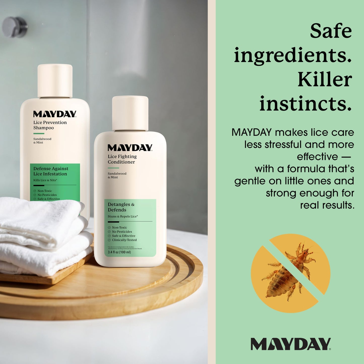 MAYDAY 3.4oz Lice Prevention Shampoo & Conditioner Bundle — Sandalwood & Mint, Non-Toxic