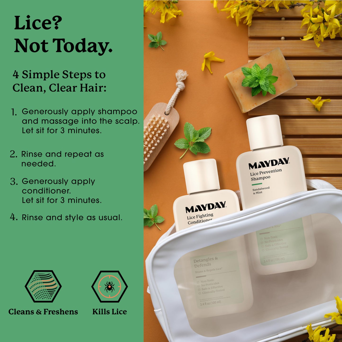 MAYDAY 3.4oz Lice Prevention Shampoo & Conditioner Bundle — Sandalwood & Mint, Non-Toxic