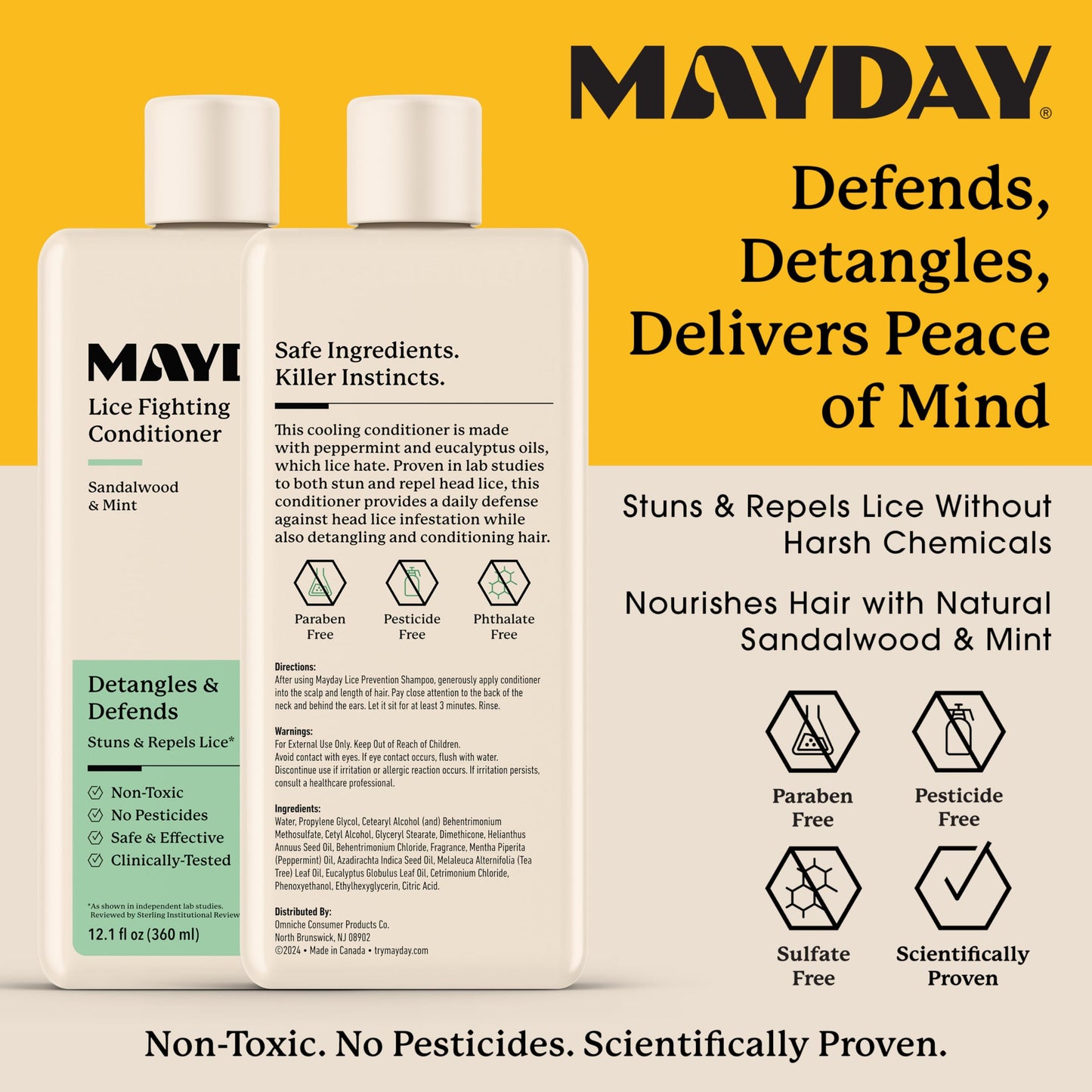 MAYDAY Lice Fighting Conditioner – Sandalwood & Mint | Non-Toxic, Pesticide-Free, 12.1oz (360ml)