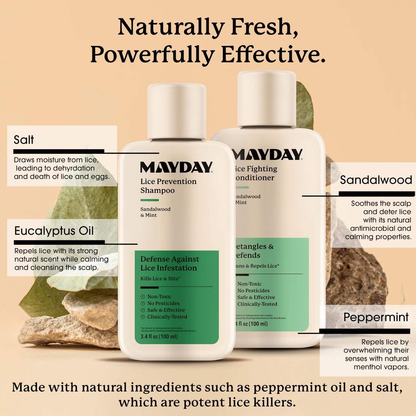 MAYDAY 3.4oz Lice Prevention Shampoo & Conditioner Bundle — Sandalwood & Mint, Non-Toxic