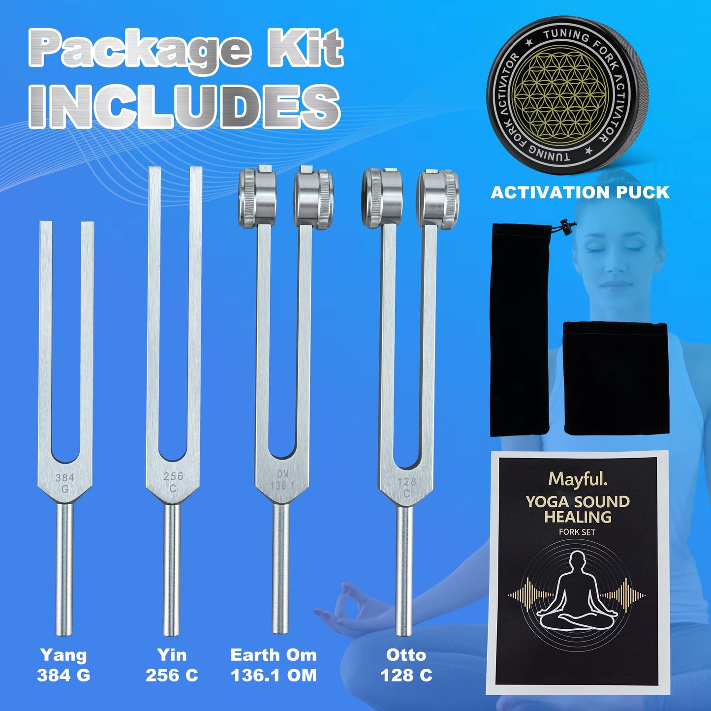 Mayful Tuning Forks for Healing Set – 128Hz, 136Hz, 256Hz, 384Hz with Activator