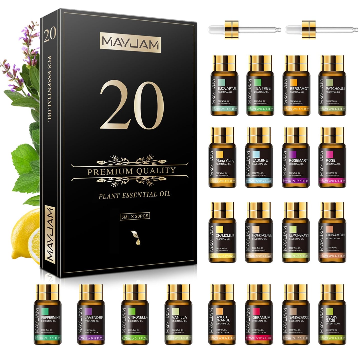 MAYJAM Essential Oil Gift Set – 20x5ml Pure Oils for Diffusers, Massage, DIY Candles & Soaps