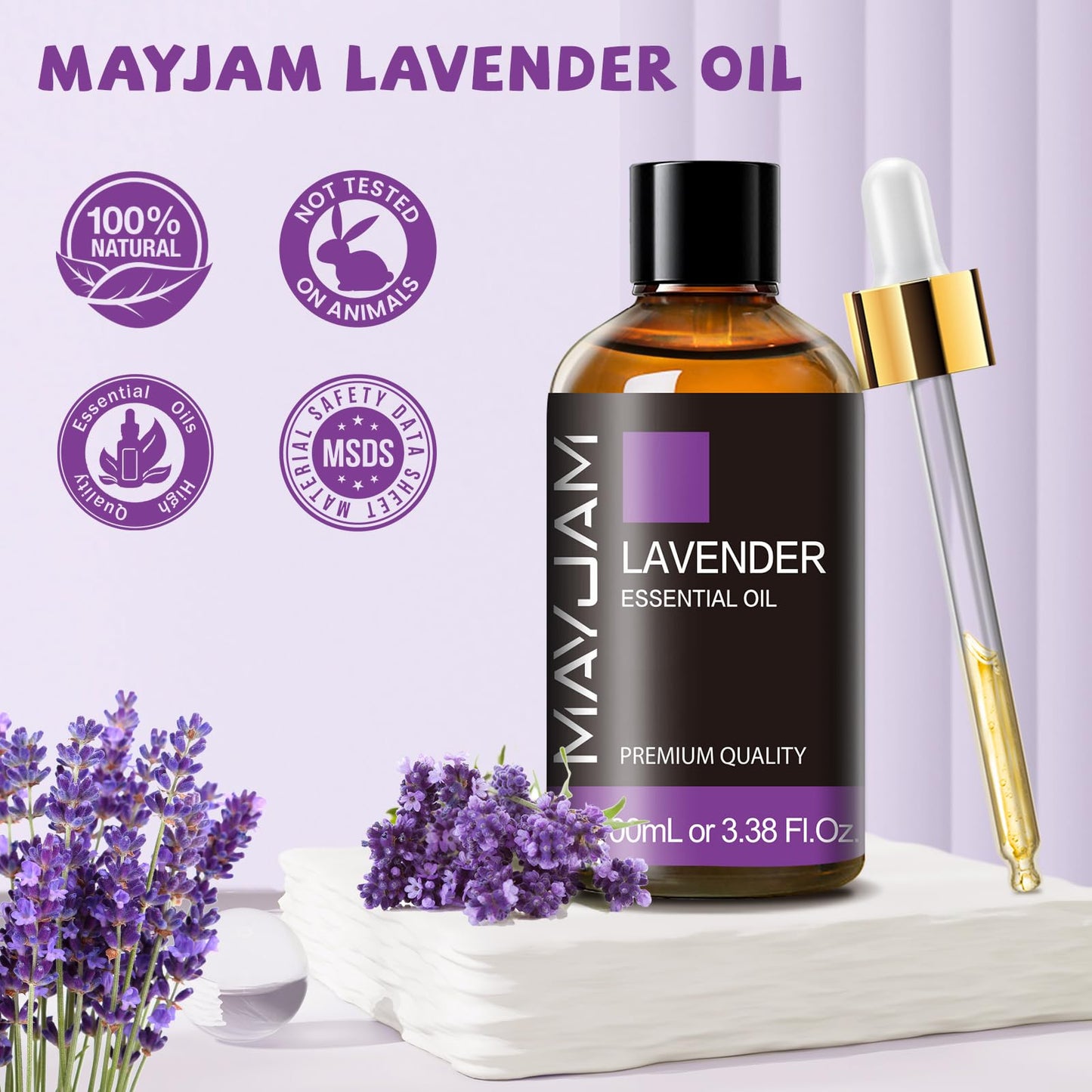 MAYJAM Lavender Essential Oil for Diffusers - 3.38 fl oz (100 ml) - Lavender Oil for Skin, Hair, Massage, Aromatherapy, Soap & Candle Making
