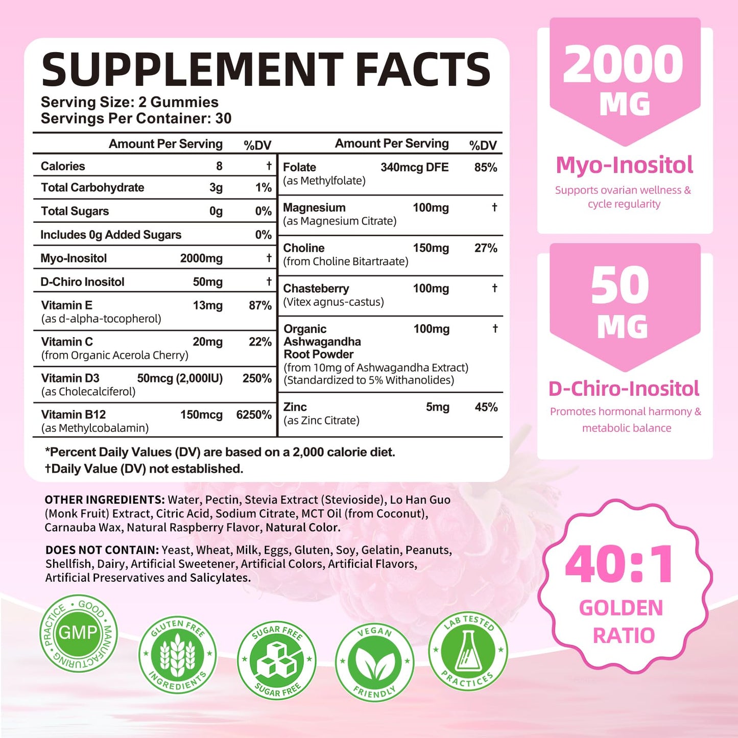 Mchokuu Myo-Inositol & D-Chiro Inositol Gummies – 40:1 Ratio, 2000mg/50mg, Vitamin D3, B12, Raspberry, Sugar Free, 60 Count