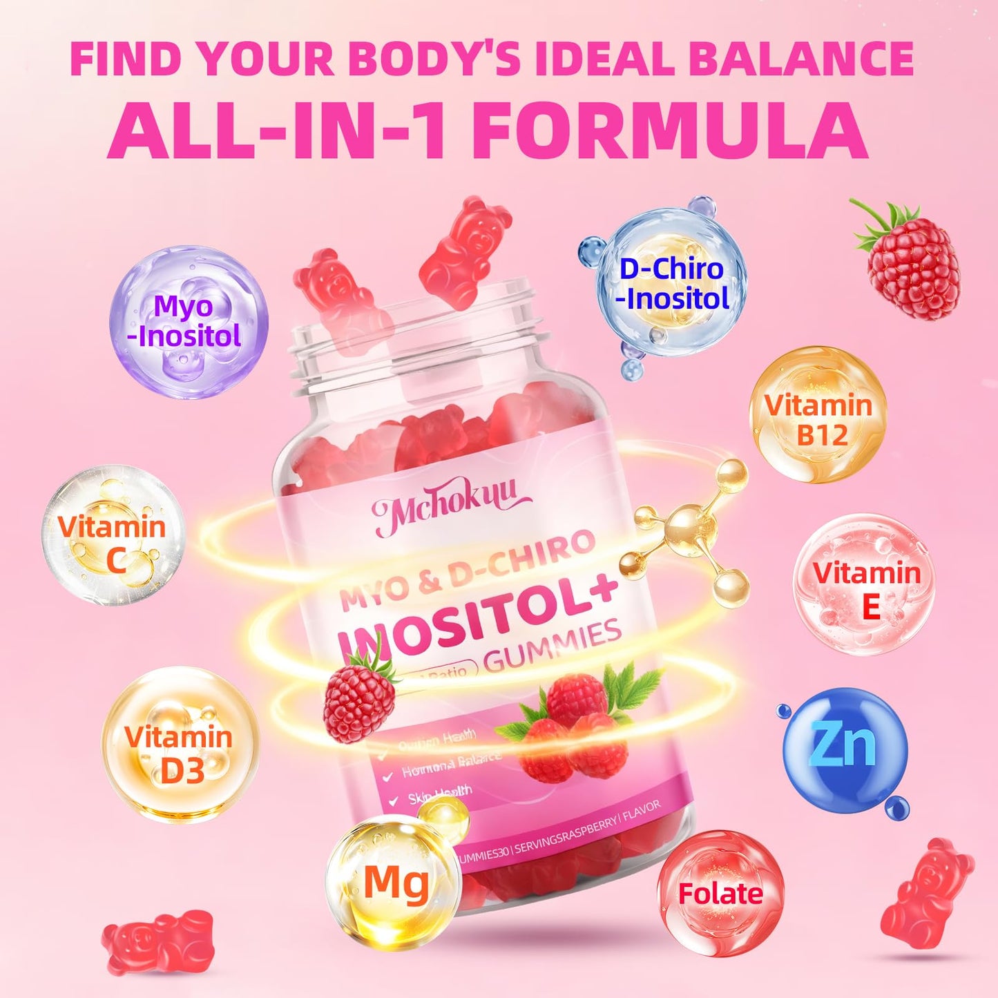 Myo-Inositol & D-Chiro Inositol Gummies 40:1 – 2000mg/50mg + Vitamin D3 & B12, Sugar Free Raspberry, 120 Count