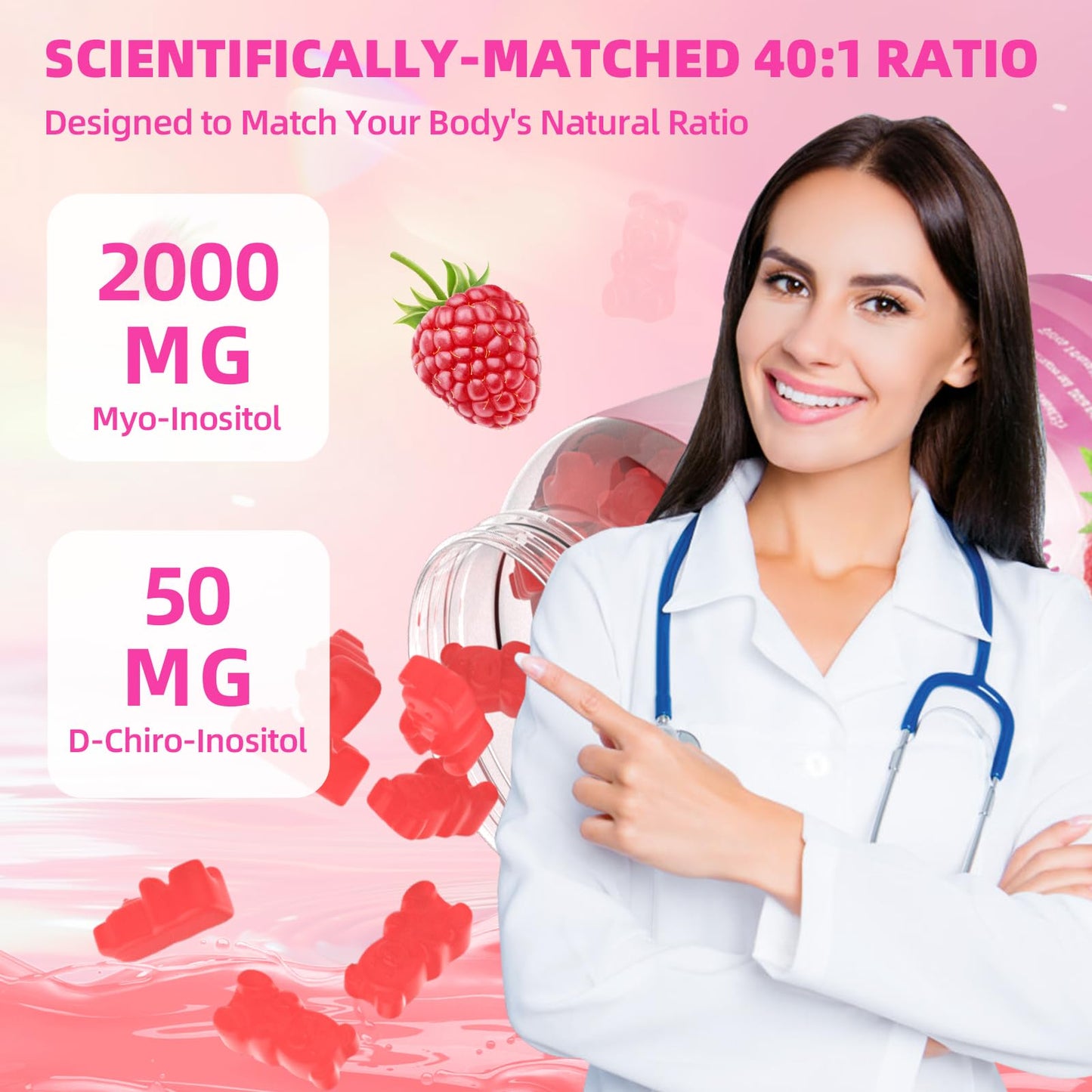 Mchokuu Myo-Inositol & D-Chiro Inositol Gummies – 40:1 Ratio, 2000mg/50mg, Vitamin D3, B12, Raspberry, Sugar Free, 60 Count