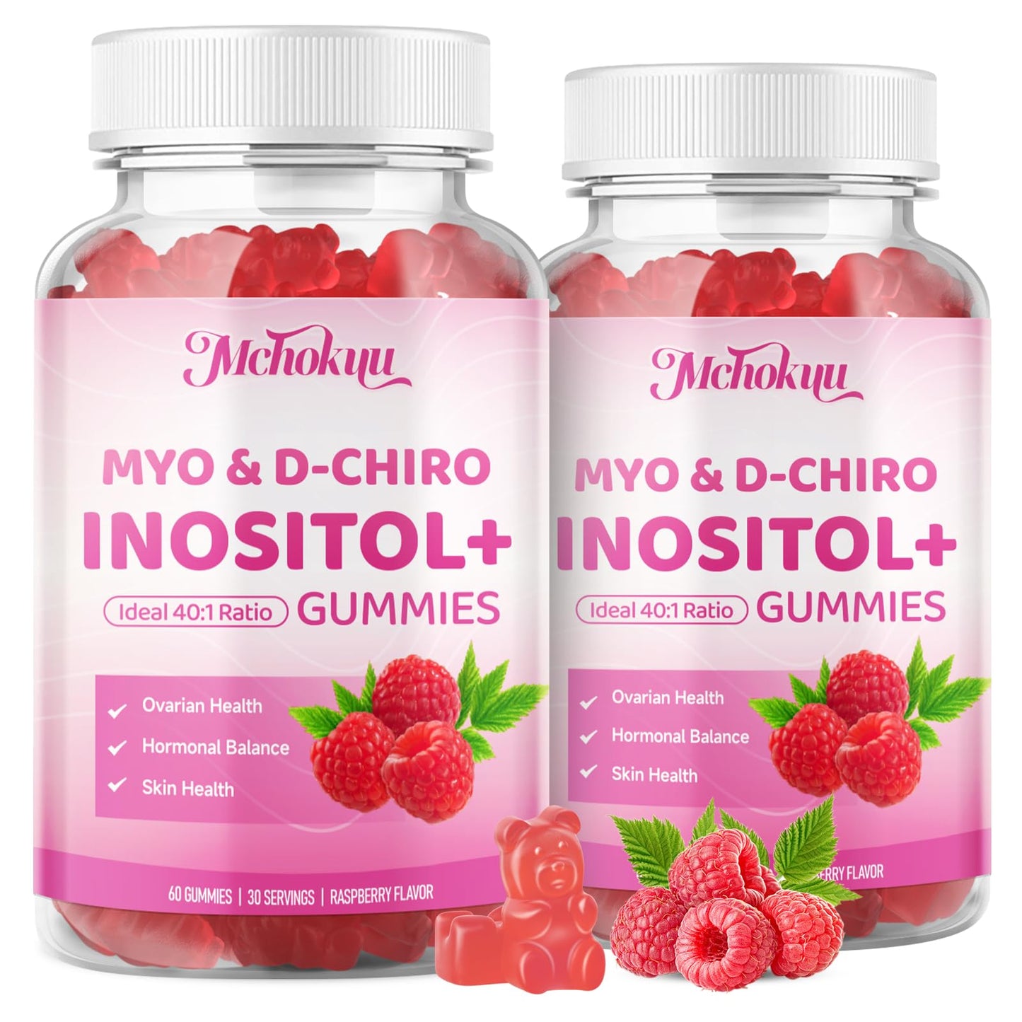 Mchokuu Myo-Inositol & D-Chiro Inositol Gummies – 40:1 Ratio, 2000mg/50mg, Vitamin D3, B12, Raspberry, Sugar Free, 60 Count