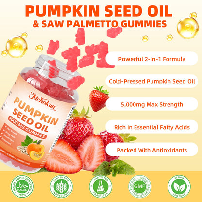 Mchokuu Pumpkin Seed Oil Gummies with Saw Palmetto – Hair & Skin Health, Strawberry, 60ct