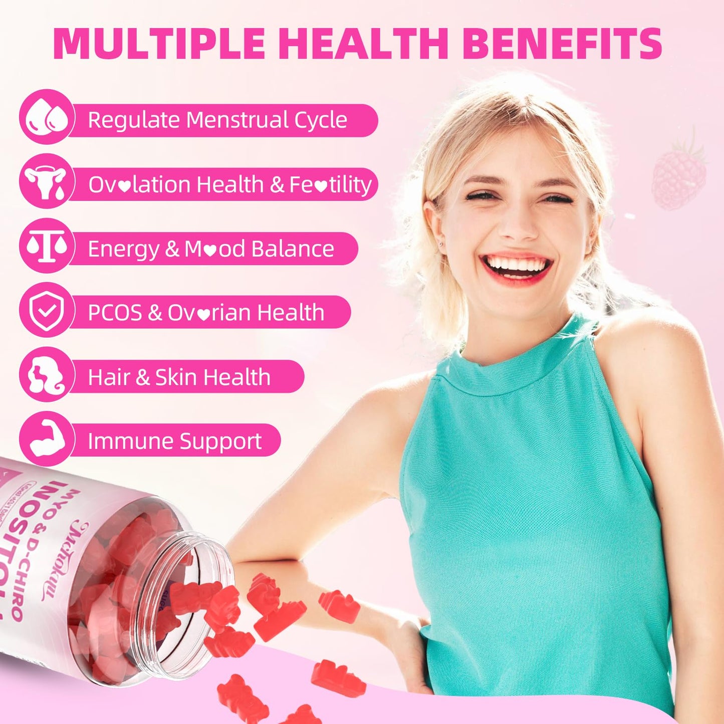 Mchokuu Myo-Inositol & D-Chiro Inositol Gummies – 40:1 Ratio, 2000mg/50mg, Vitamin D3, B12, Raspberry, Sugar Free, 60 Count