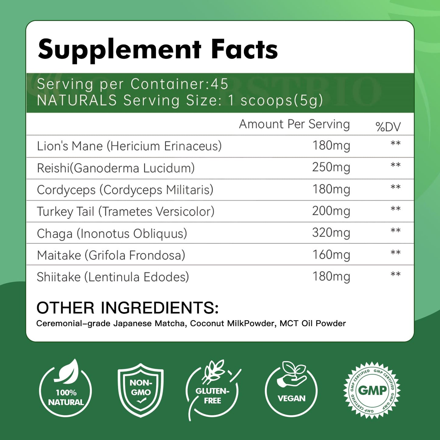 Mushroom Matcha Adaptogenic Blend – 7 Mushrooms + Ceremonial Grade Matcha, 45 Servings